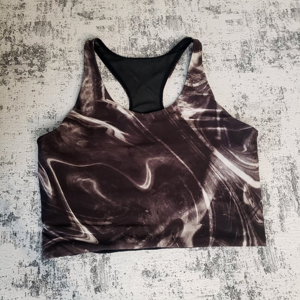 Chocolate Brown White Swirl T Back Racer Back Sports Bra Top w Mesh Layer